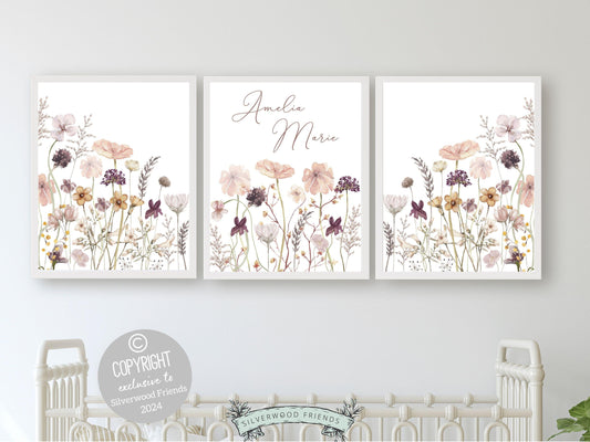 Wildflower Nursery Prints, Floral Name Nursery Wall Art, Purple Pink Wildflower Nursery Decor, Baby Girl Boho Wildflower Room Digital Prints