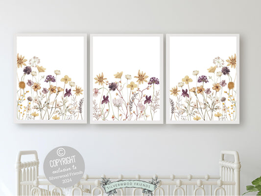 Wildflower Nursery Prints, Baby Girl Floral Boho Nursery Wall Art, Girls Nursery Prints, Purple Yellow Boho Wildflower Nursery Digital Print