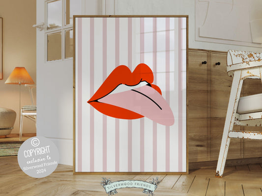 Our Red Lipstick Lips Print, featuring a cute red lips and pink and white stripes is perfect for a dorm room or as a fun gift for best friends or girlfriends who embrace the preppy girl aesthetic.