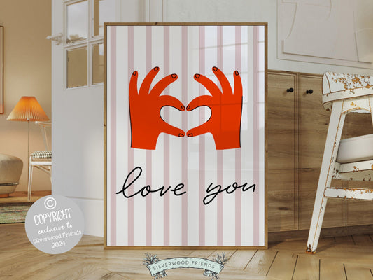 Our Love You Hand Sign Print is perfect for a dorm room or as a fun gift for best friends or girlfriends who embrace the minimalist preppy girl aesthetic. This chic and stylish artwork adds a touch of love to any space.