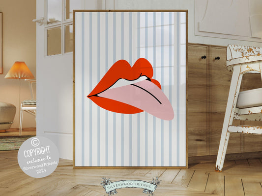 Our Red Lipstick Lips Print, featuring a cute red lips and blue and white stripes is perfect for a dorm room or as a fun gift for best friends or girlfriends who embrace the preppy girl aesthetic.