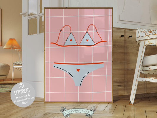 Blue Bikini Print, featuring a cute pink bikini and adorable pink and white stripes. This trendy poster is perfect for a dorm room or as a fun gift for best friends or girlfriends who embrace the beachy coconut girl aesthetic.