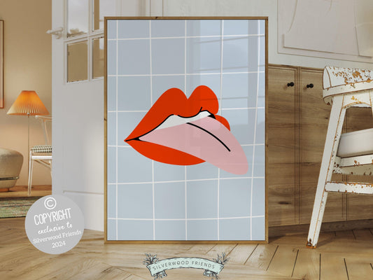 Our Red Lipstick Lips Print, featuring a cute red lips and blue and white stripes is perfect for a dorm room or as a fun gift for best friends or girlfriends who embrace the preppy girl aesthetic.