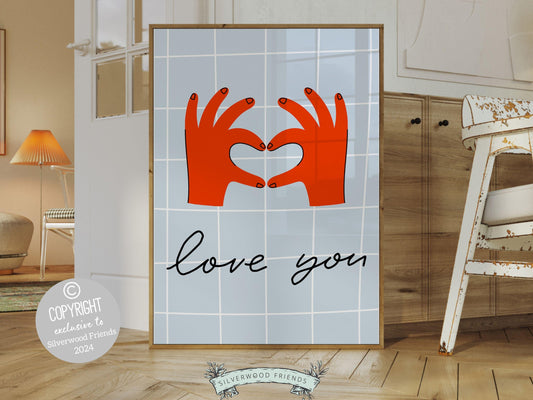 Our Love You Hand Sign Print is perfect for a dorm room or as a fun gift for best friends or girlfriends who embrace the minimalist preppy girl aesthetic. This chic and stylish artwork adds a touch of love to any space.