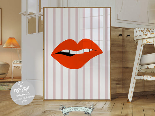 Our Red Lipstick Lips Print, featuring a cute red lips and pink and white stripes is perfect for a dorm room or as a fun gift for best friends or girlfriends who embrace the preppy girl aesthetic.