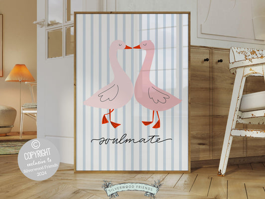 Our Soulmate Print with kissing pink ducks makes a sweet Valentines Day gift that will bring joy and happiness. This chic and stylish artwork adds a touch of love to any space.