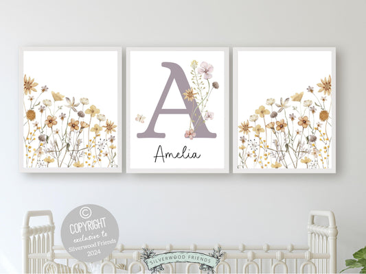 Boho Wildflower Nursery Prints, Floral Nursery Wall Art, Baby Girl Boho Nursery Prints, Purple Yellow Wildflower Nursery Decor Digital Print