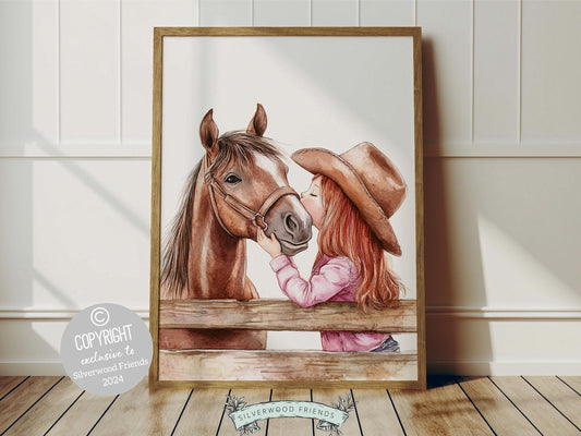 Cowgirl Nursery Print, Cowgirl Nursery Decor, Girls Western Nursery Decor, Red Hair Girl Horse Bedroom Horse Nursery Wall Art Digital Print