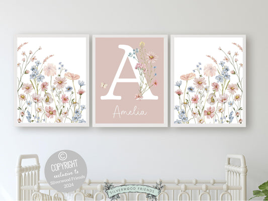 Wildflower Nursery Prints, Pink Blue Wildflower Nursery Decor Wall Art,Baby Girl Floral Nursery Prints Wild Flower Field Scape Digital Print