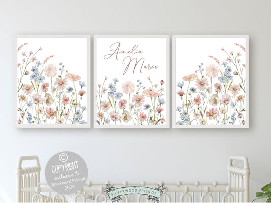 Wildflower Nursery Wall Art, Pink Blue Wildflower Nursery Decor, Baby Girl Floral Wildflower Nursery Prints, Wild Flower Field Digital Print