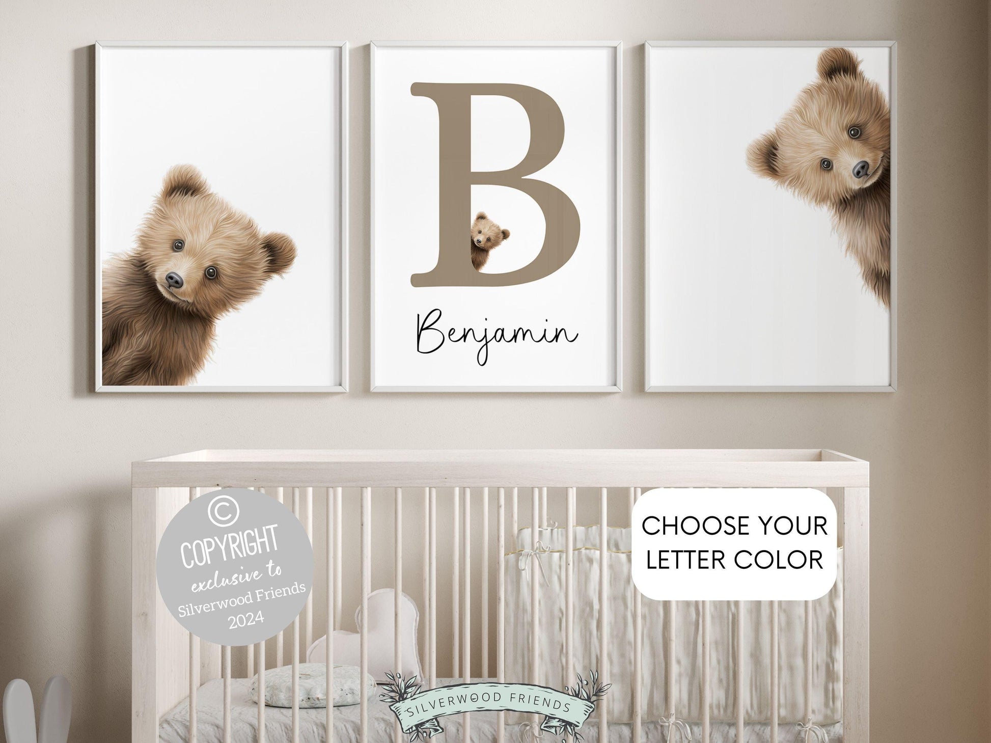 Our delightful minimalist Set of 3 Peeking Bear Custom Name Nursery Prints features adorable peeking brown bears with a custom letter and name in your choice of color.