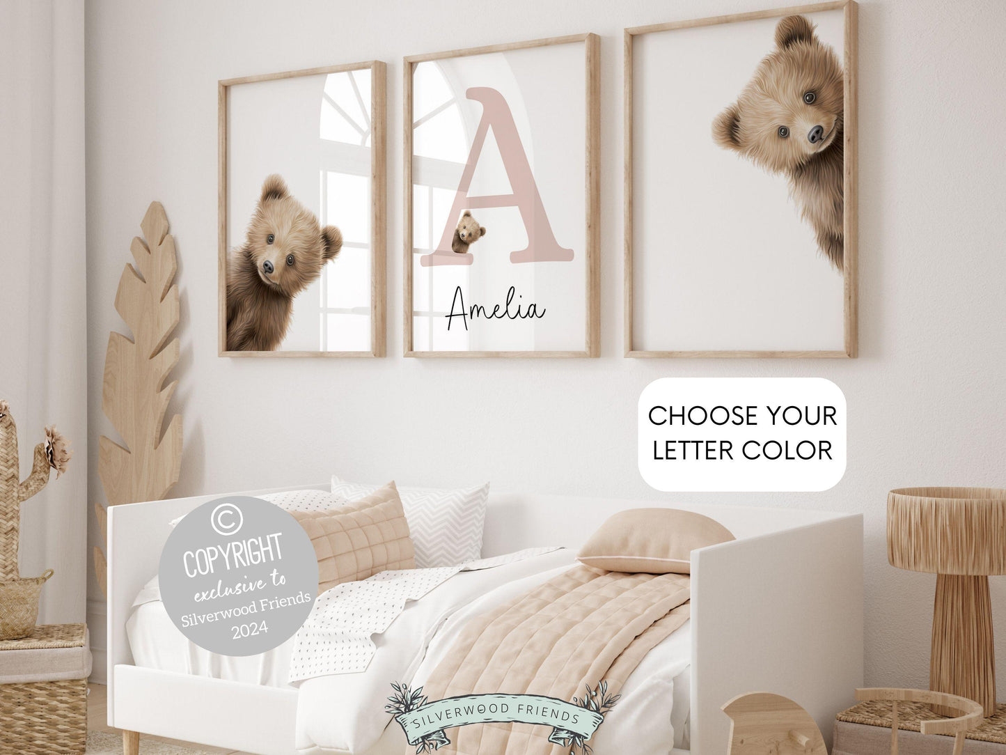 Our delightful minimalist Set of 3 Peeking Bear Custom Name Nursery Prints features adorable peeking brown bears with a custom letter and name in your choice of color.