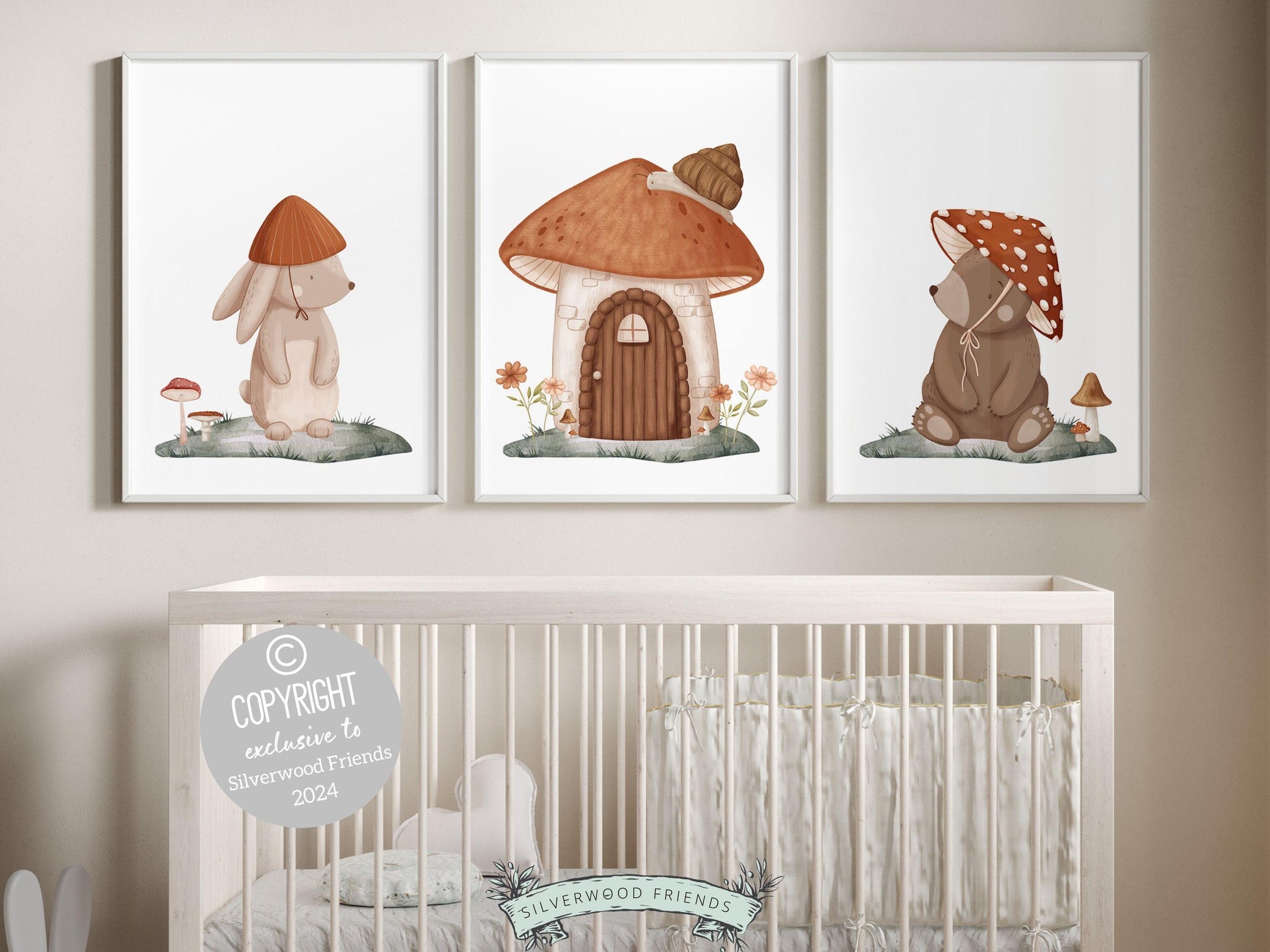 Set of 3 Woodland Mushroom Nursery Prints, featuring an adorable woodland bear and bunny amidst delightful mushrooms — perfect for creating a whimsical atmosphere in your woodland nursery decor or as a heartwarming gender neutral baby shower gift.