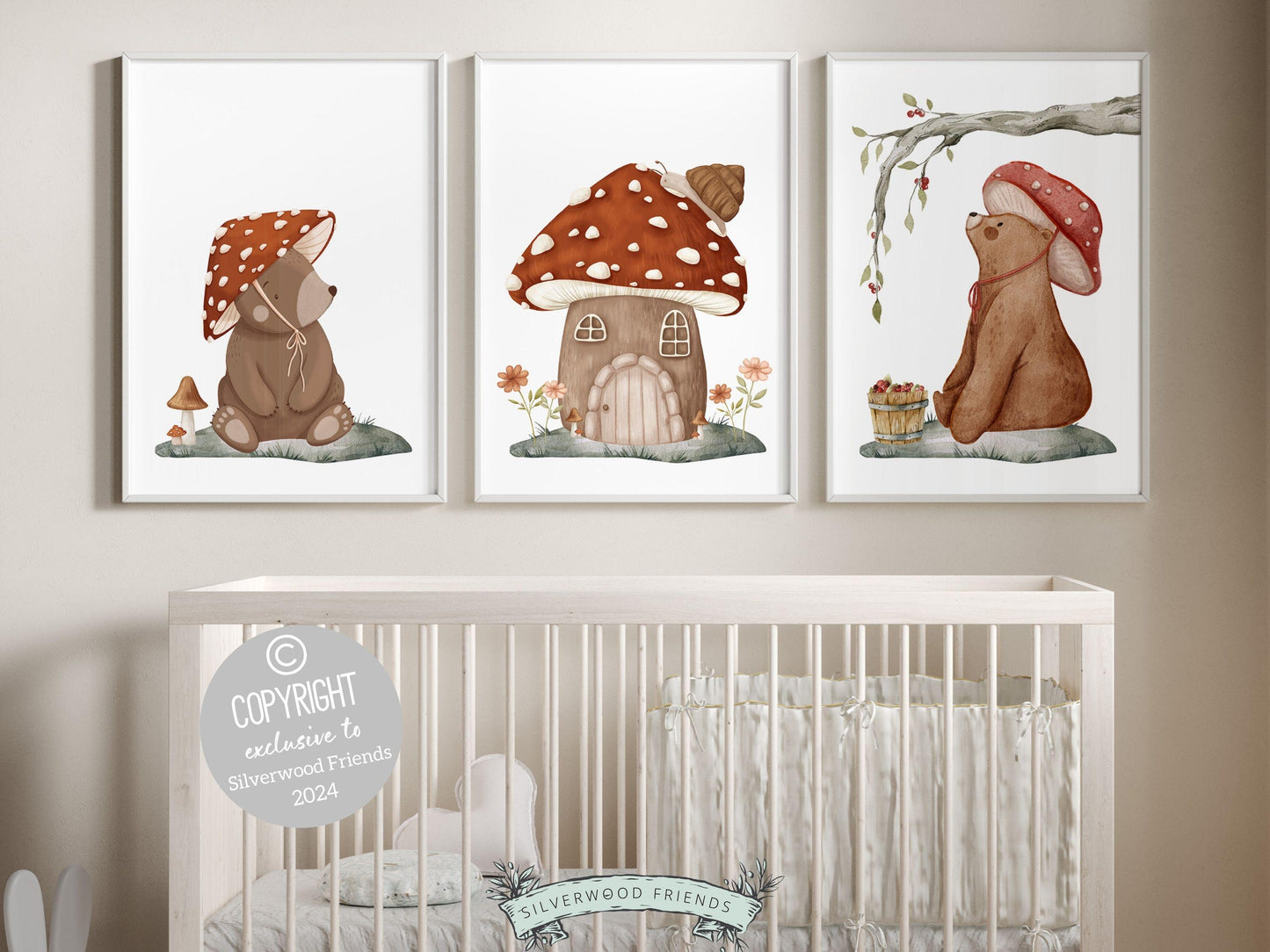 Set of 3 Woodland Mushroom Nursery Prints, featuring adorable woodland bears amidst delightful mushrooms — perfect for creating a whimsical atmosphere in your woodland nursery decor or as a heartwarming gender neutral baby shower gift.