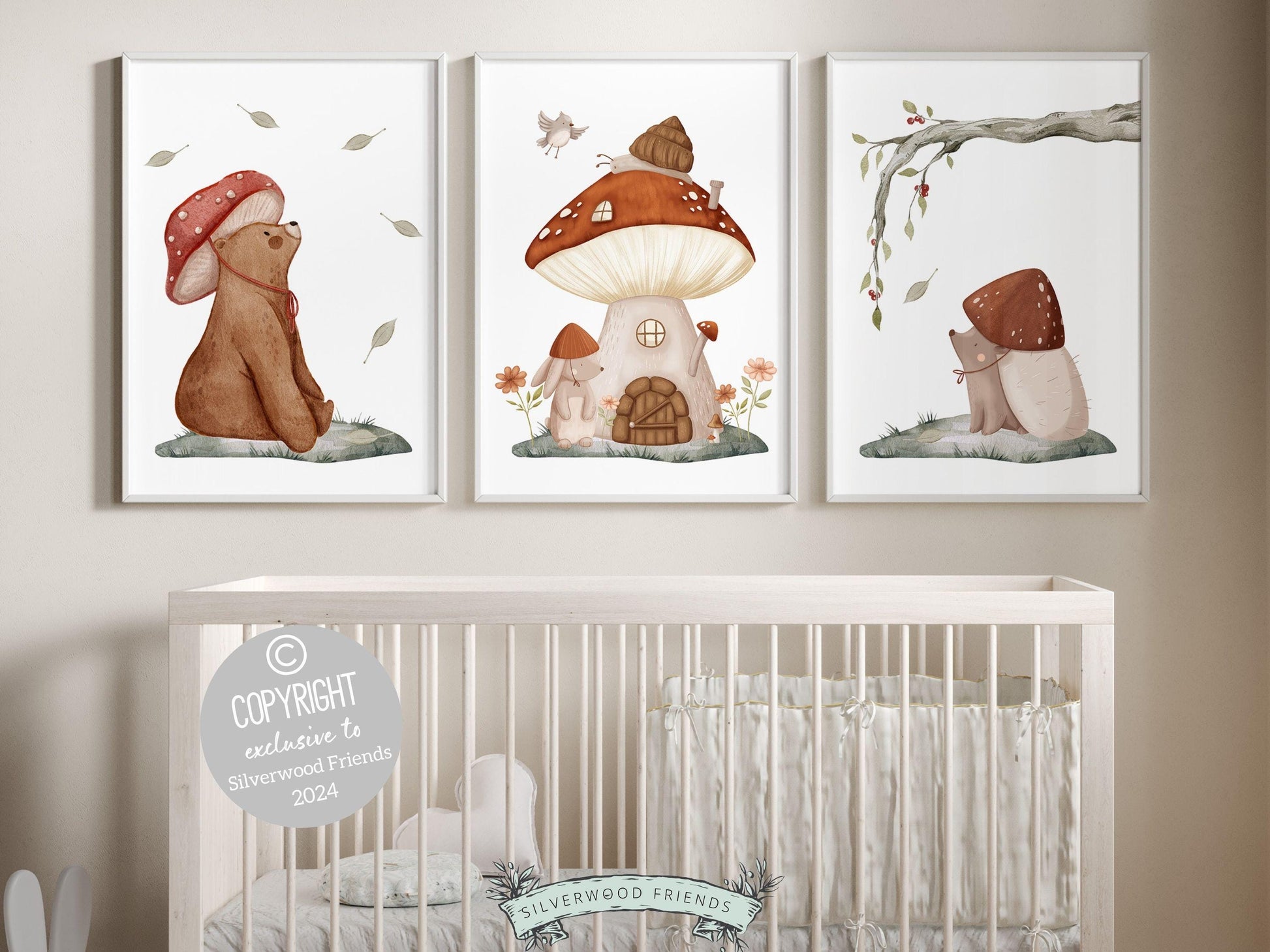 Set of 3 Woodland Mushroom Nursery Prints, featuring adorable woodland animals amidst delightful mushrooms — perfect for creating a whimsical atmosphere in your woodland nursery decor or as a heartwarming gender neutral baby shower gift.