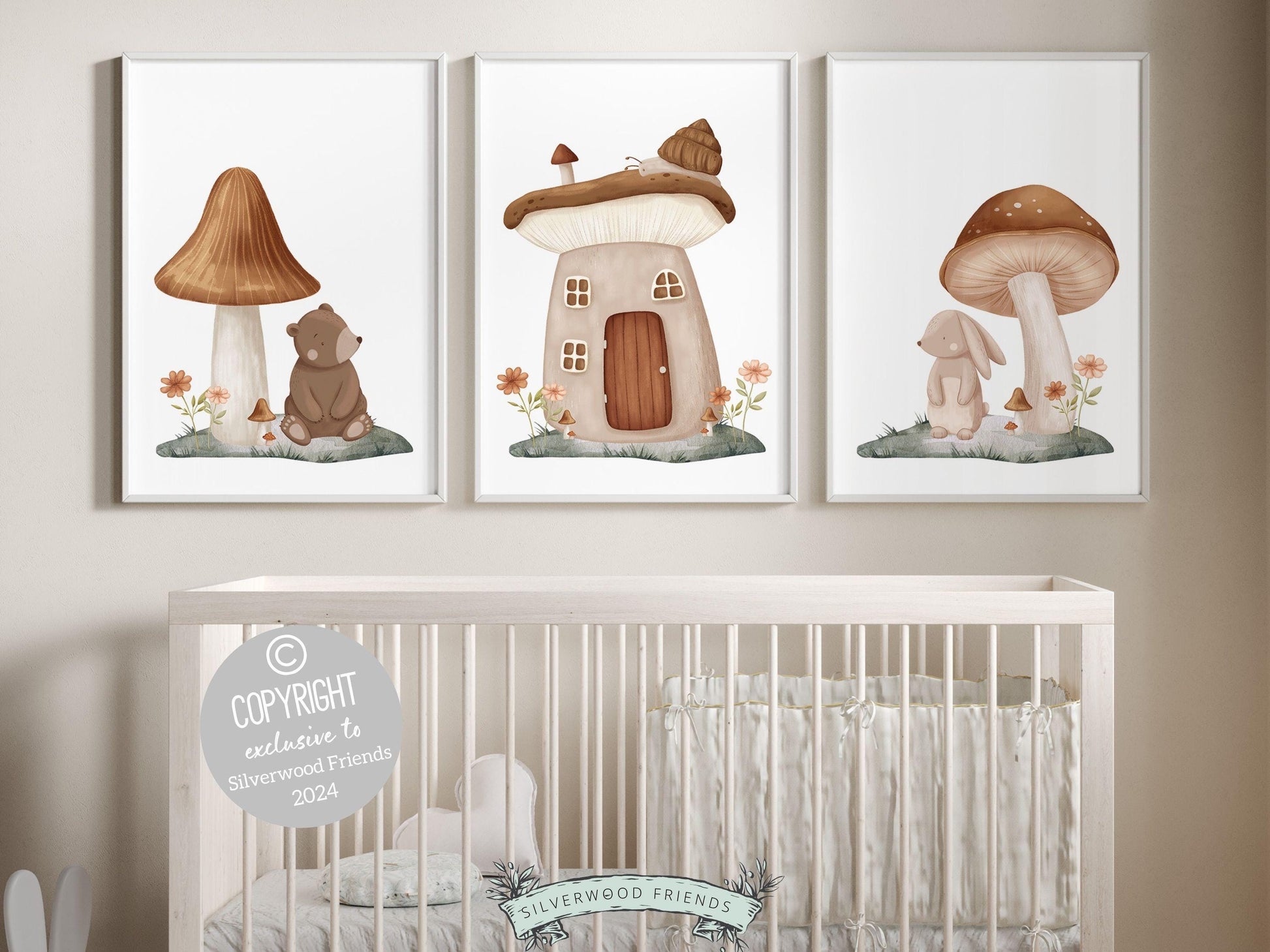 Set of 3 Woodland Mushroom Nursery Prints, featuring adorable woodland animals amidst delightful mushrooms — perfect for creating a whimsical atmosphere in your woodland nursery decor or as a heartwarming gender neutral baby shower gift.