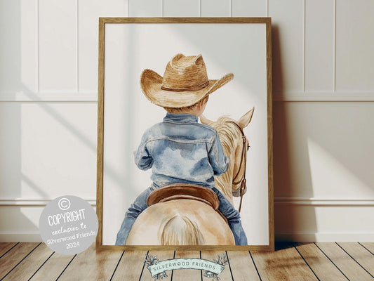 Add a touch of rustic charm to your baby boys nursery with our Cowboy Nursery Print, featuring an adorable little cowboy riding his trusty tan horse. Perfect for western themed decor and a thoughtful baby shower gift for horse loving families.