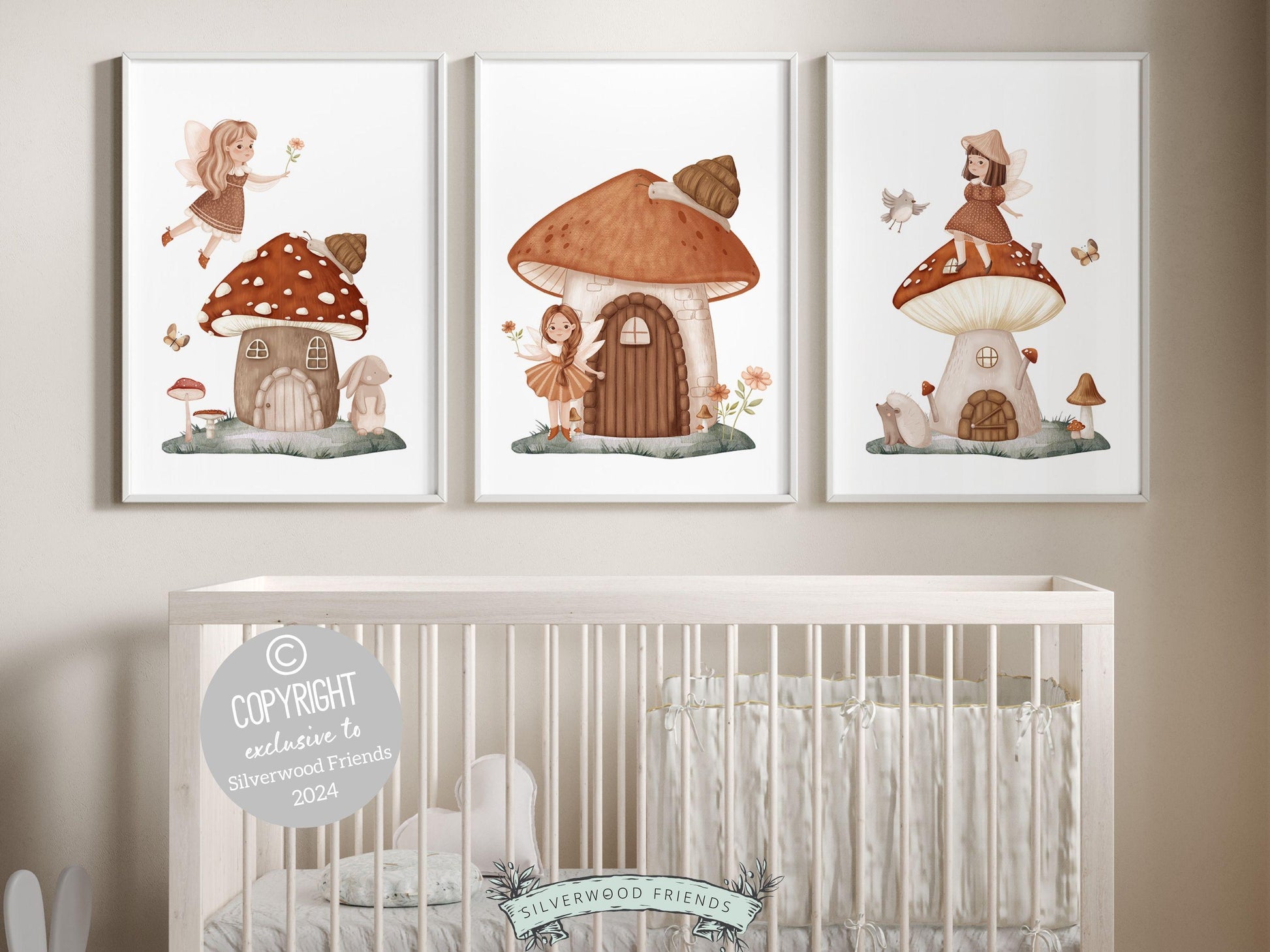 Embrace the enchantment with our delightful Fairy Nursery Prints featuring fairies, fairy houses, woodland animals and wildflowers. The perfect adornment for your baby girls nursery decor or a cherished baby shower gift guaranteed to enchant.