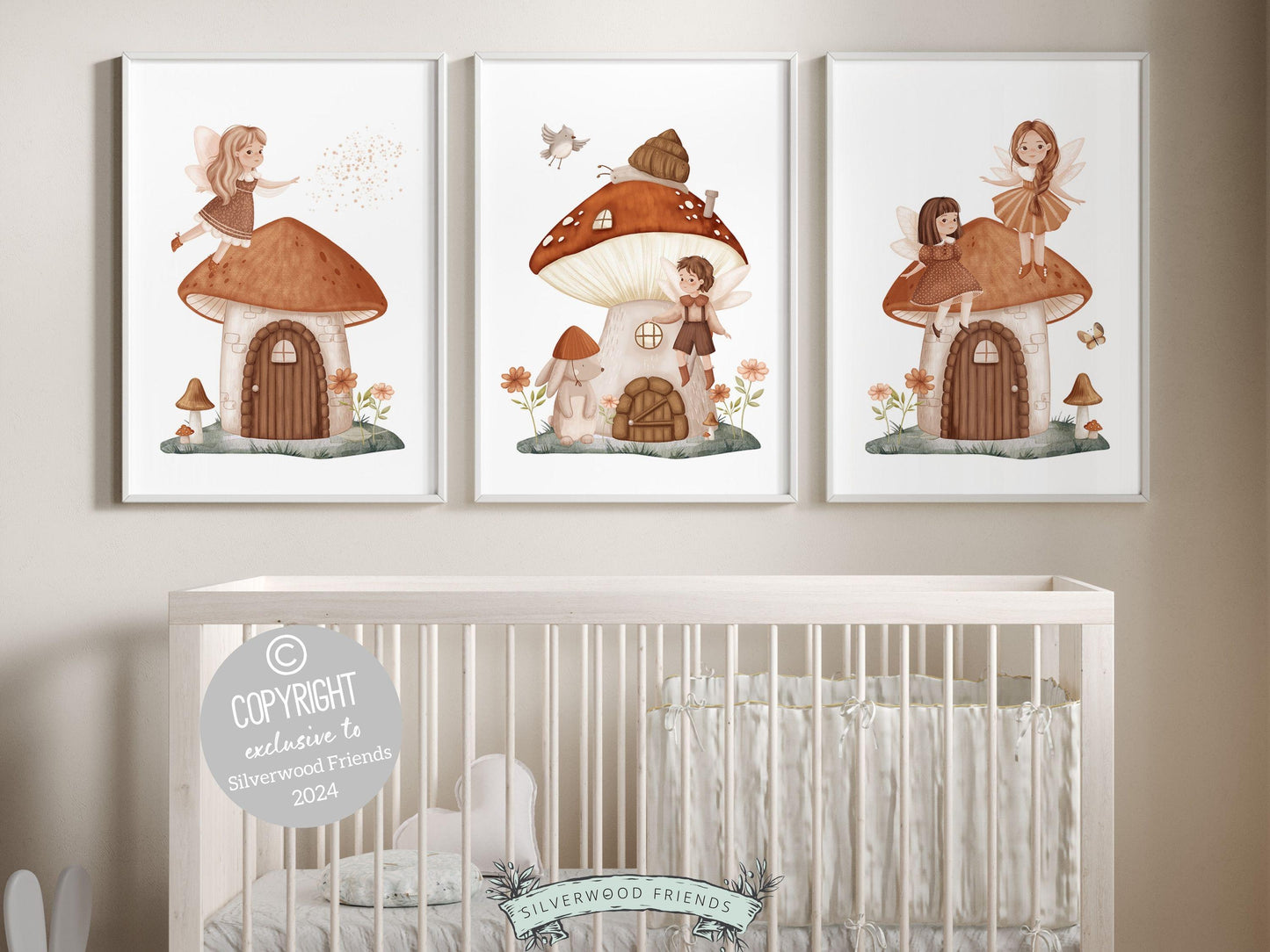 Set of 3 Woodland Mushroom Fairy Nursery Prints, featuring adorable fairies amidst delightful mushrooms — perfect for creating a whimsical atmosphere in your woodland nursery decor or as a heartwarming baby shower gift.