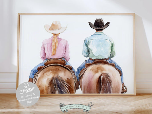 Watercolor digital print, featuring a cowgirl and cowboy riding side by side. Perfect for adding a rustic charm to your dorm room or as a thoughtful gift for horse loving couples, this artwork beautifully complements any western themed decor.