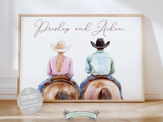 Watercolor digital print, featuring a cowgirl and cowboy riding side by side with custom names. Perfect for adding a rustic charm to your dorm room or as a thoughtful gift for horse loving couples, this complements any western themed decor.