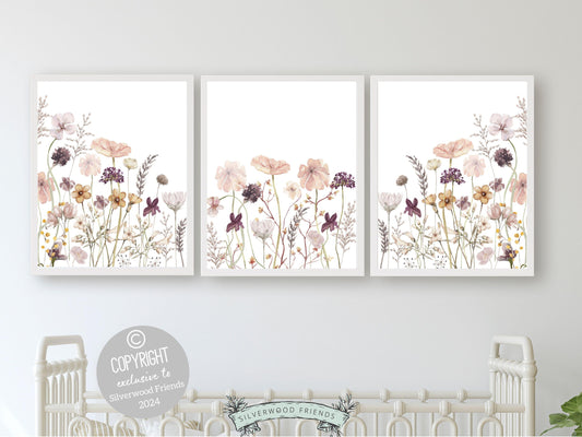 Wildflower Nursery Prints, Baby Girl Floral Boho Nursery Wall Art, Girls Nursery Prints, Pink Purple Wildflower Nursery Decor Digital Prints