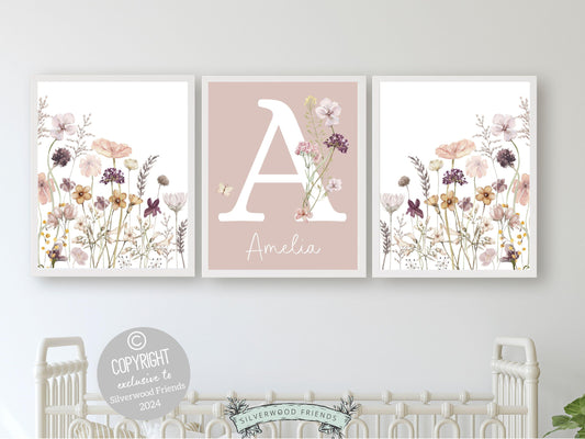 Wildflower Nursery Prints, Floral Nursery Wall Art, Pink Purple Green Wildflower Nursery Decor Baby Girl Wildflower Nursery Digital Print