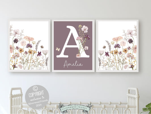 Wildflower Nursery Prints, Floral Nursery Wall Art, Purple Pink Sage Green Wildflower Nursery Decor, Girl's Wildflower Nursery Digital Print