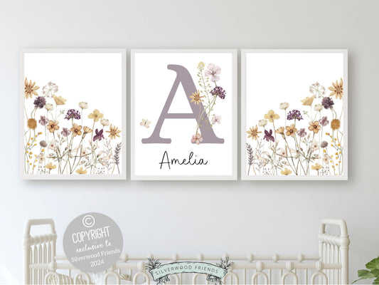 Wildflower Nursery Prints, Floral Boho Nursery Wall Art, Purple Yellow Boho Wildflower Nursery Decor, Girls Wildflower Nursery Digital Print