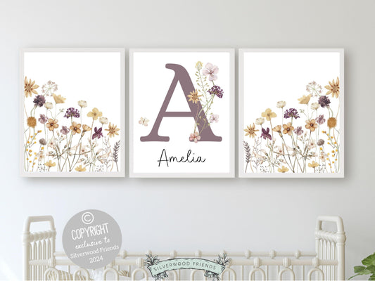 Wildflower Nursery Prints, Floral Boho Nursery Wall Art, Purple Yellow Boho Wildflower Nursery Decor, Girls Wildflower Nursery Digital Print