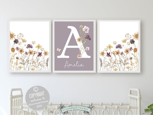 Wildflower Nursery Prints, Floral Boho Nursery Wall Art, Purple Yellow Boho Wildflower Nursery Decor, Girls Wildflower Nursery Digital Print