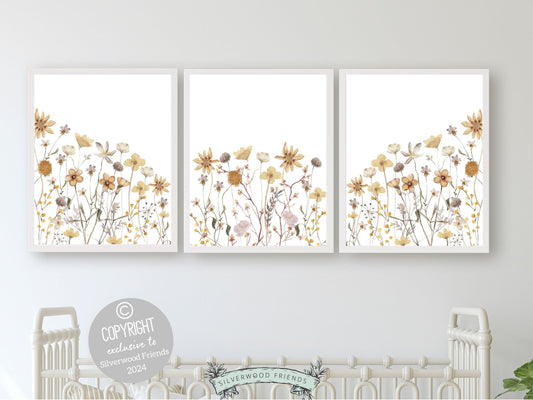 Wildflower Nursery Prints, Baby Girl Boho Nursery Wall Art, Kids Floral Bedroom Posters Boho Yellow Wildflower Nursery Decor Digital Print