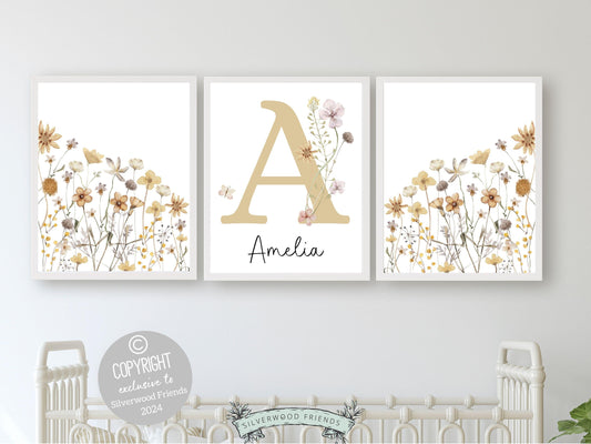 Boho Wildflower Nursery Prints, Floral Name Sign Nursery Wall Art, Baby Girl Nursery Prints, Wildflower Floral Nursery Decor Digital Prints