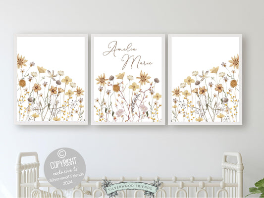 Boho Wildflower Nursery Prints, Floral Name Sign Nursery Wall Art, Baby Girl Nursery Prints, Wildflower Floral Nursery Decor Digital Prints