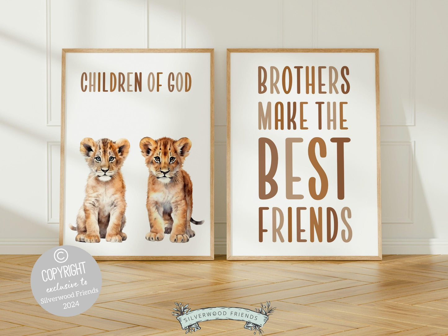 Digital prints of two lion cubs, capturing the bond of brotherhood and the heartwarming reminder that Brothers make the best friends. Perfect for safari nursery, our prints will add a touch of adventure and love and make a lovely baby shower gift.