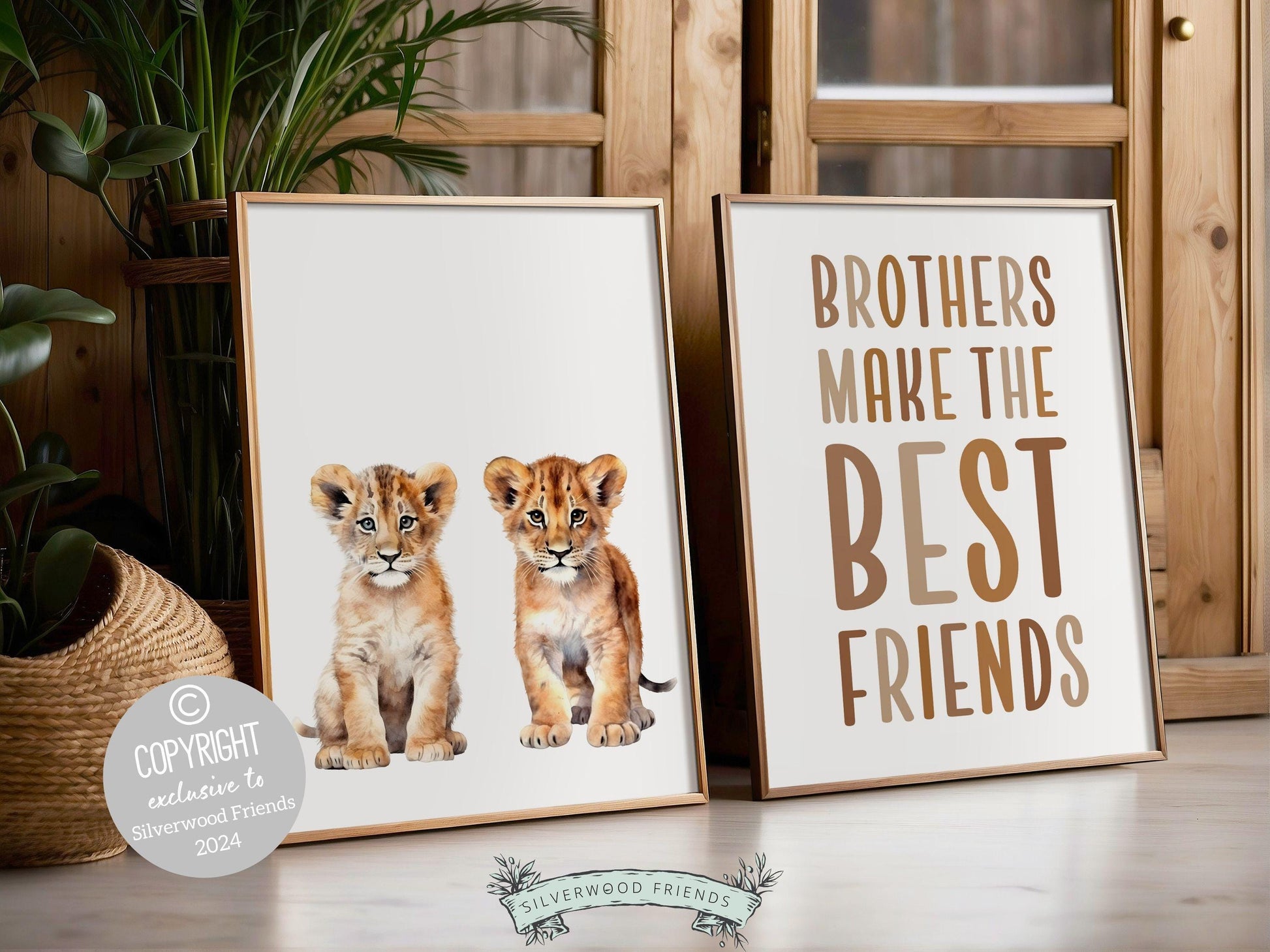 Digital prints of two lion cubs, capturing the pure bond of brotherhood and the heartwarming reminder that &quot;Brothers make the best friends.&quot; Perfect for safari nursery, these prints will add a touch of adventure and love.