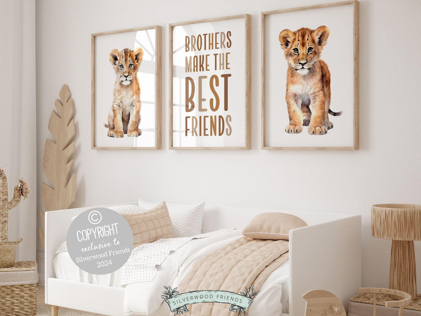 Set of 3 digital prints of two lion cubs, and the heartwarming reminder that Brothers make the best friends. Perfect for a safari themed nursery, these prints will add a touch of adventure and love, making them a cherished gift for any baby shower.