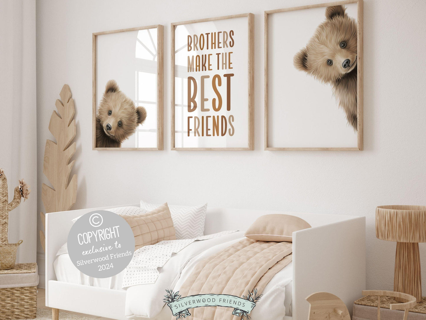 Set of 3 Peeking Bear Nursery Prints features adorable peeking brown bears and the quote Brothers make the best friends. It&#39;s perfect for your bear nursery decor or woodland nursery decor and also makes a unique baby shower gift.