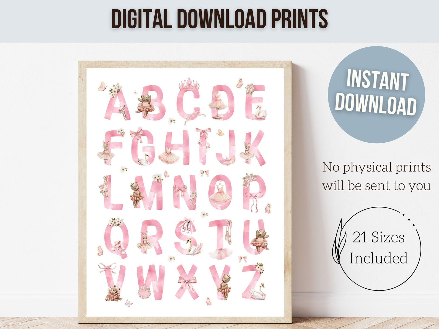 Pink Ballerina Alphabet Nursery Print, Ballet Alphabet Nursery Print, Baby Girl Ballet Room Decor,Pink Ballerina Nursery Decor Digital Print