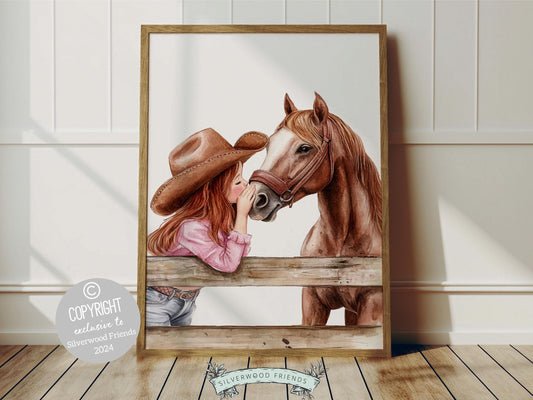 Cowgirl Nursery Print, Cowgirl Nursery Decor, Girls Western Nursery Decor, Red Hair Girl Horse Bedroom Horse Nursery Wall Art Digital Print