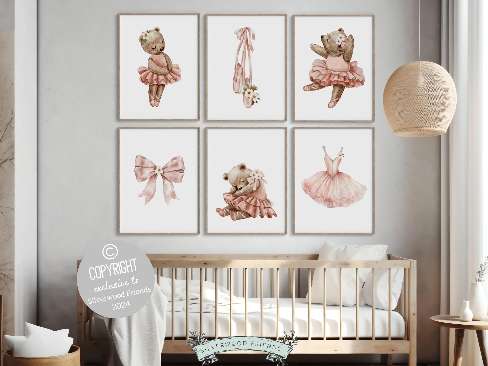 Set of 6 Bear Ballerina Prints. These sweet and playful illustrations are perfect for ballet themed decor or as a unique baby shower gift, capturing the joy and grace of a tiny dancers world.