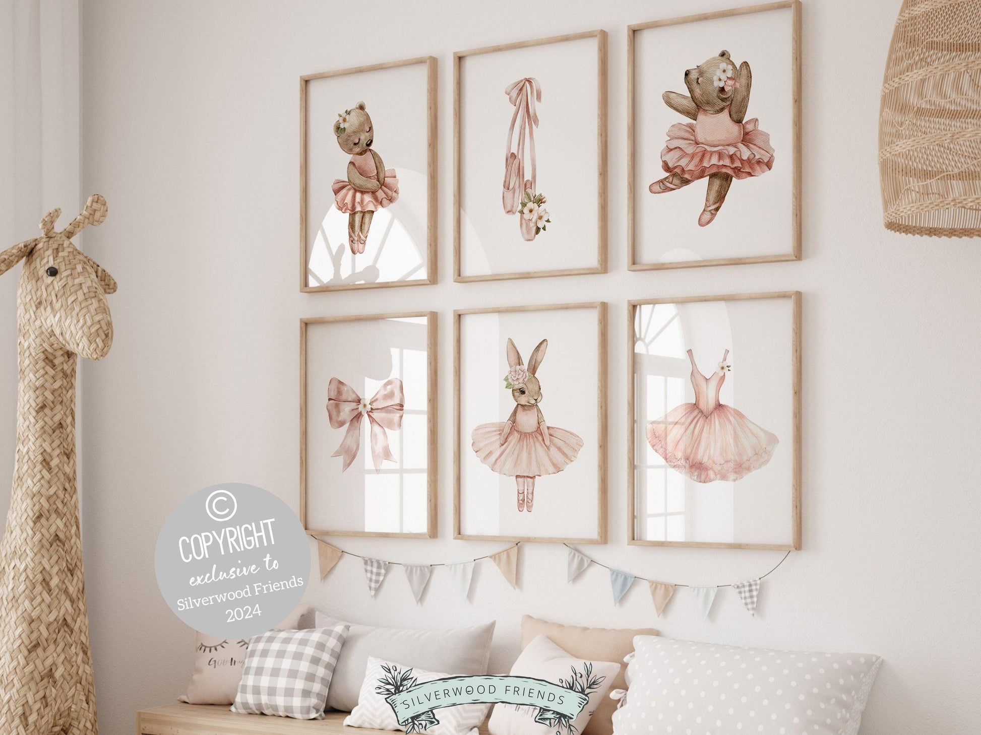 Set of 6 Bunny and Bear Ballerina Prints. These sweet and playful illustrations are perfect for ballet themed decor or as a unique baby shower gift, capturing the joy and grace of a tiny dancers world.