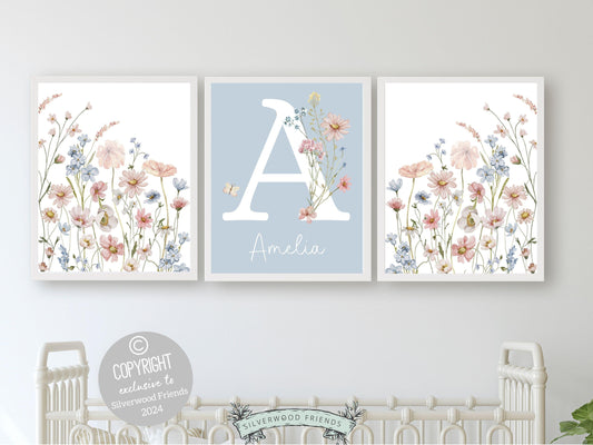 Wildflower Nursery Prints, Pink Blue Wildflower Nursery Decor Wall Art,Baby Girl Floral Nursery Prints,Wild Flower Field Scape Digital Print