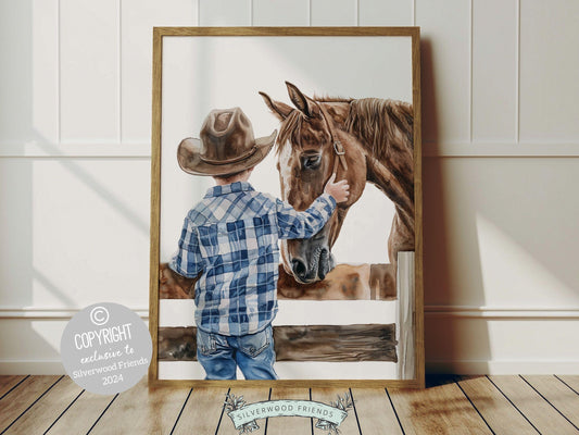 Cowboy Nursery Print, featuring an adorable little cowboy riding his trusty horse. Perfect for western themed decor and a thoughtful cowboy baby shower gift for horse loving families.