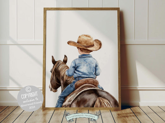 Cowboy Nursery Print, featuring an adorable little cowboy riding his trusty brown horse. Perfect for western themed decor and a thoughtful cowboy baby shower gift for horse loving families.