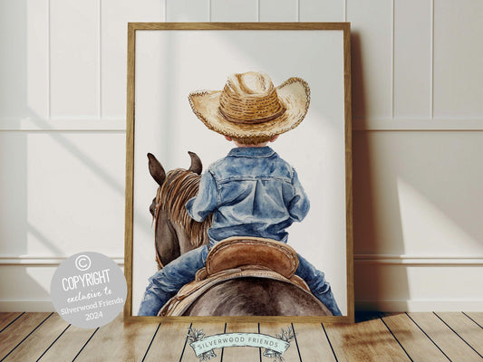 Cowboy Nursery Print, featuring an adorable little cowboy riding his trusty horse. Perfect for western themed decor and a thoughtful cowboy baby shower gift for horse loving families.