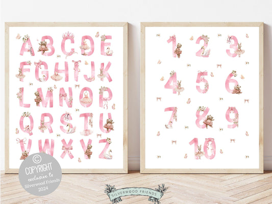 Ballet Alphabet and Number Print, showcasing watercolor bear and bunny ballerinas and ballet elements for an engaging educational experience. Perfect for your ballet nursery decor or as a unique baby shower gift.