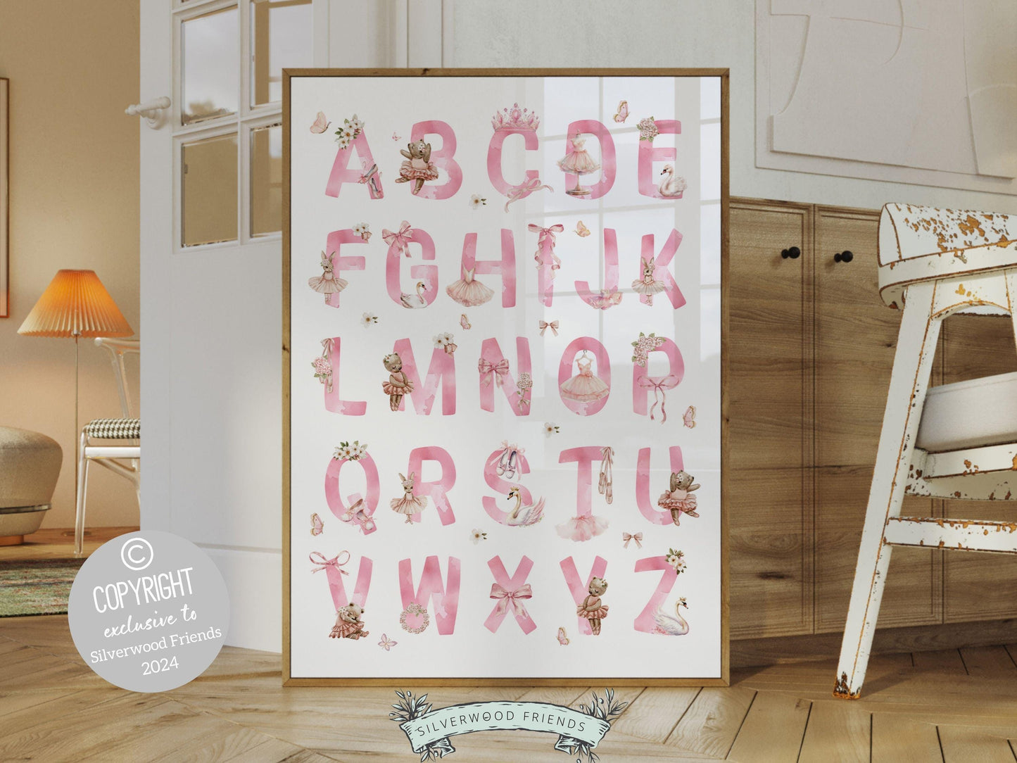 Pink Ballerina Alphabet Nursery Print, Ballet Alphabet Nursery Print, Baby Girl Ballet Room Decor,Pink Ballerina Nursery Decor Digital Print