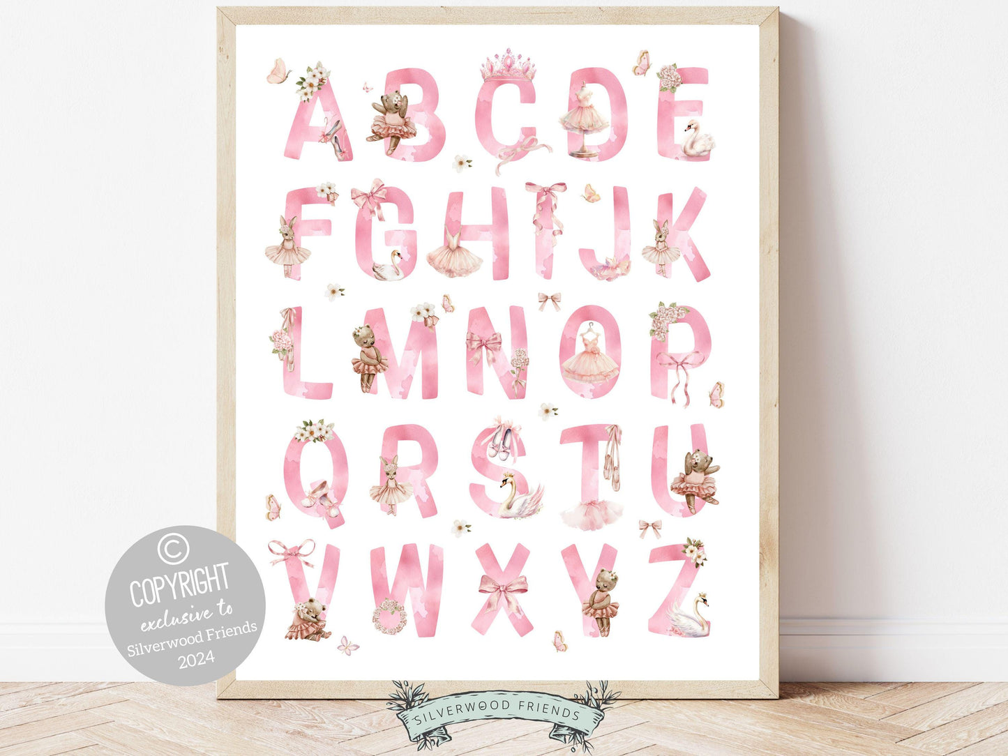 Ballet Alphabet Print, showcasing watercolor bear and bunny ballerinas and ballet elements for an engaging educational experience. Perfect for your ballet nursery decor or as a unique baby shower gift.