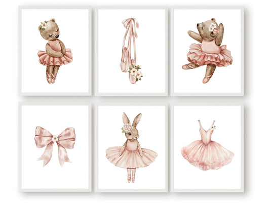 Girls Ballerina Nursery Print, Baby Girl Ballerina Bunny Bear Nursery Decor, Ballerina Poster Nursery Wall Art, Ballet Bedroom Digital Print